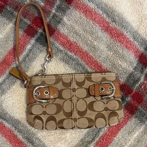 Coach Brown Signature Canvas Wristlet with Tan Leather Trim